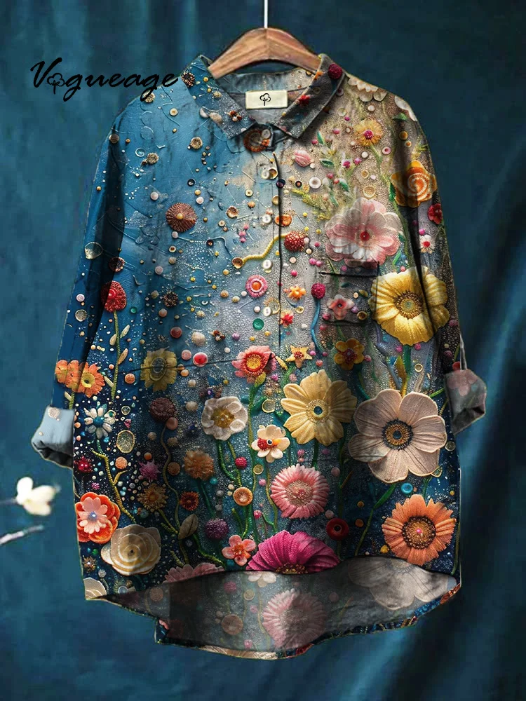 Bright Colorful Textured Flowers Printed Cotton And Linen Shirt
