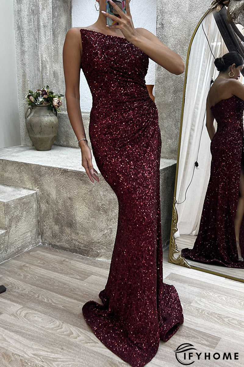 Sexy Formal Solid Slit Asymmetrical Oblique Collar Evening Dress Dresses | IFYHOME