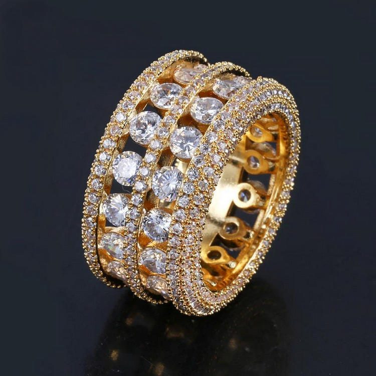 Hip Hop Iced Out 2 Row Zircon Gold Silver Ring Jewelry