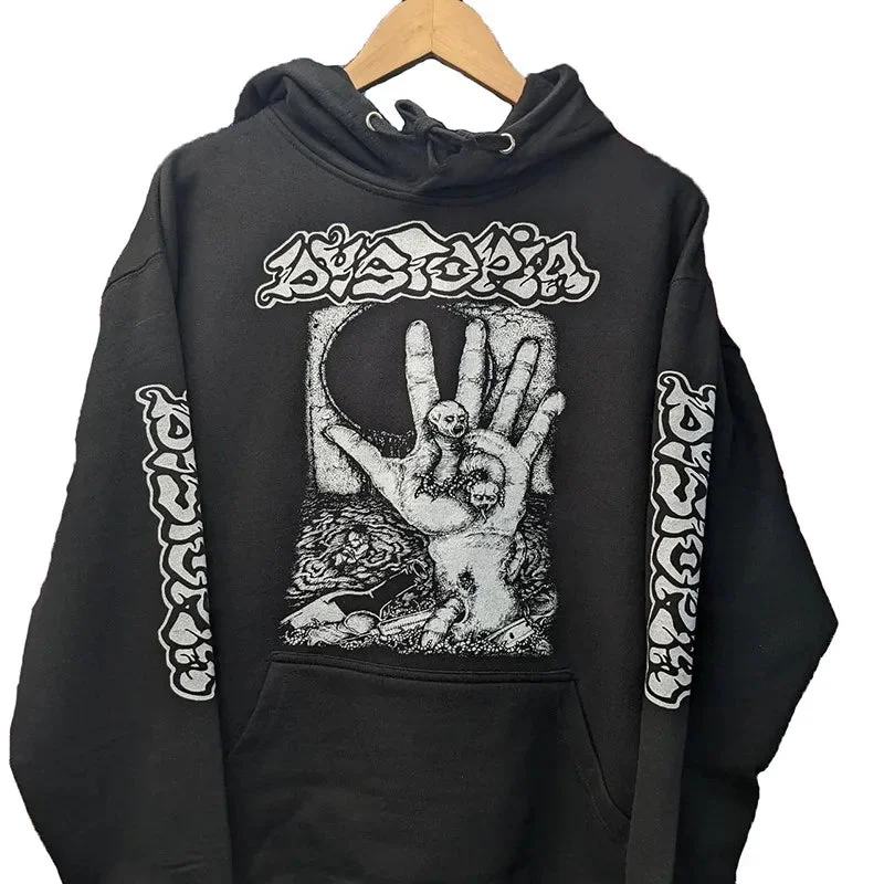 Aonga Retro Drawstring Hoodie Pullover Sweatshirt Dark High Street y2k Long Sleeve Top Vintage Harajuku Hip Hop kpop Dance Clothes aonga