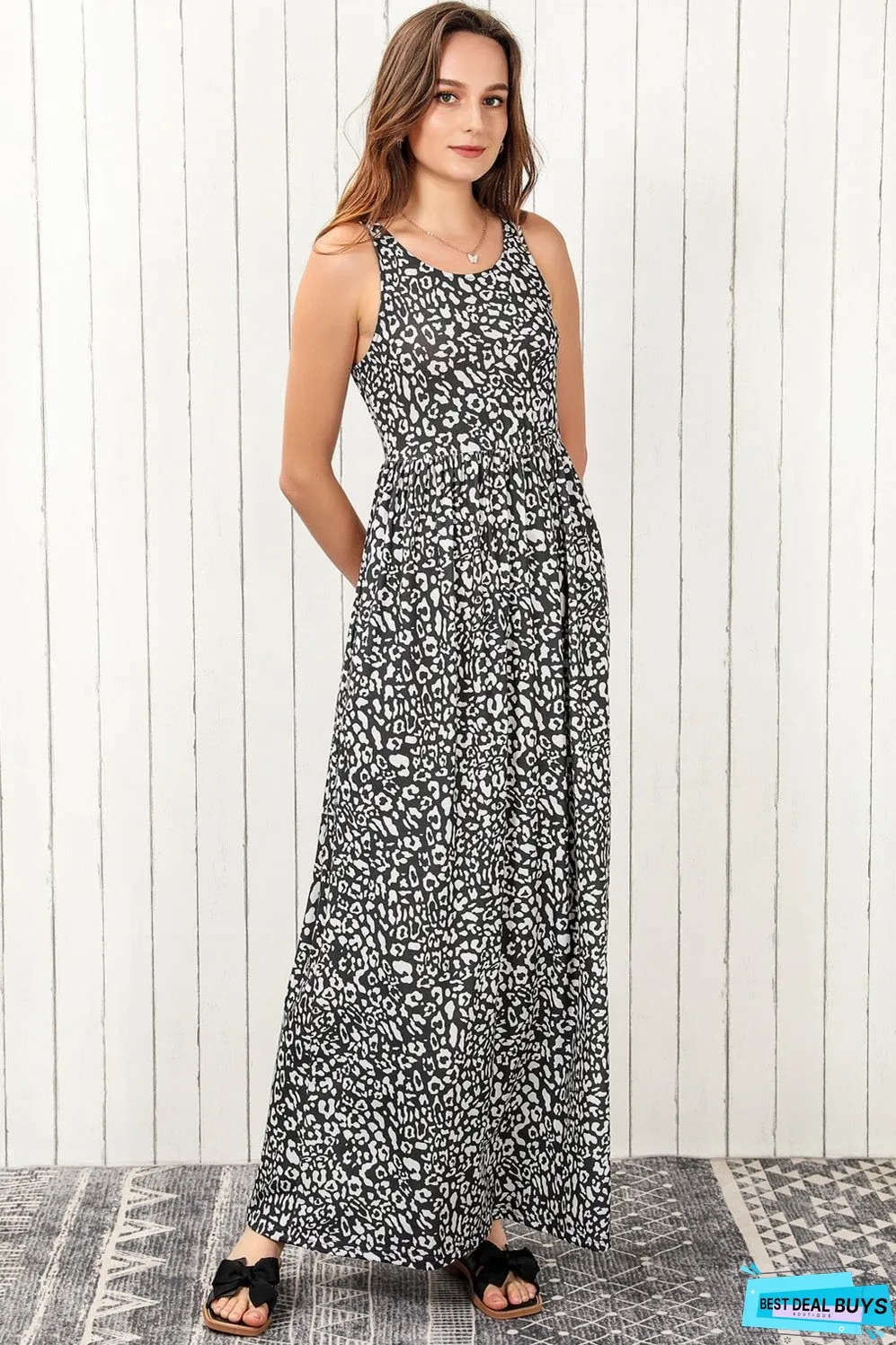 Leopard Round Neck Sleeveless Maxi Dress