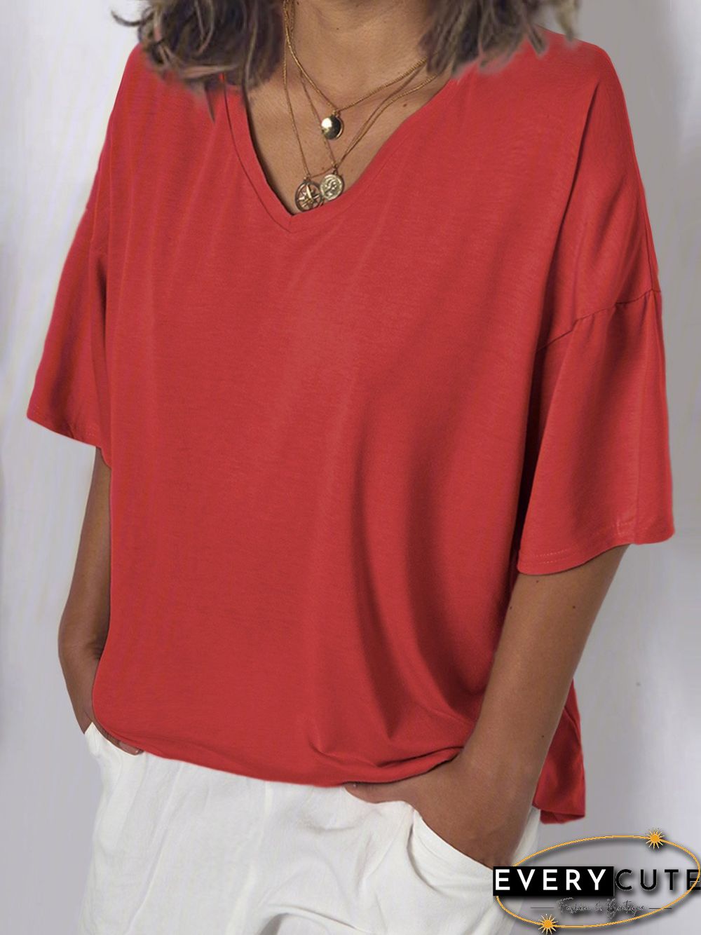 Women V Neck Cotton T Shirt Top Tunic