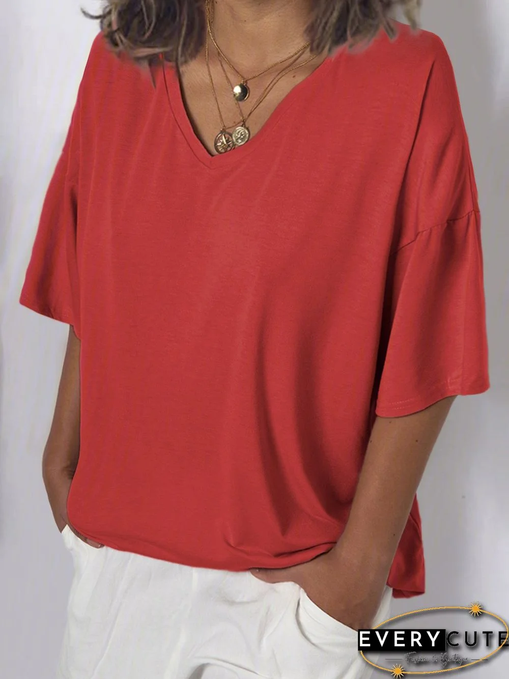 Women V Neck Cotton T Shirt Top Tunic