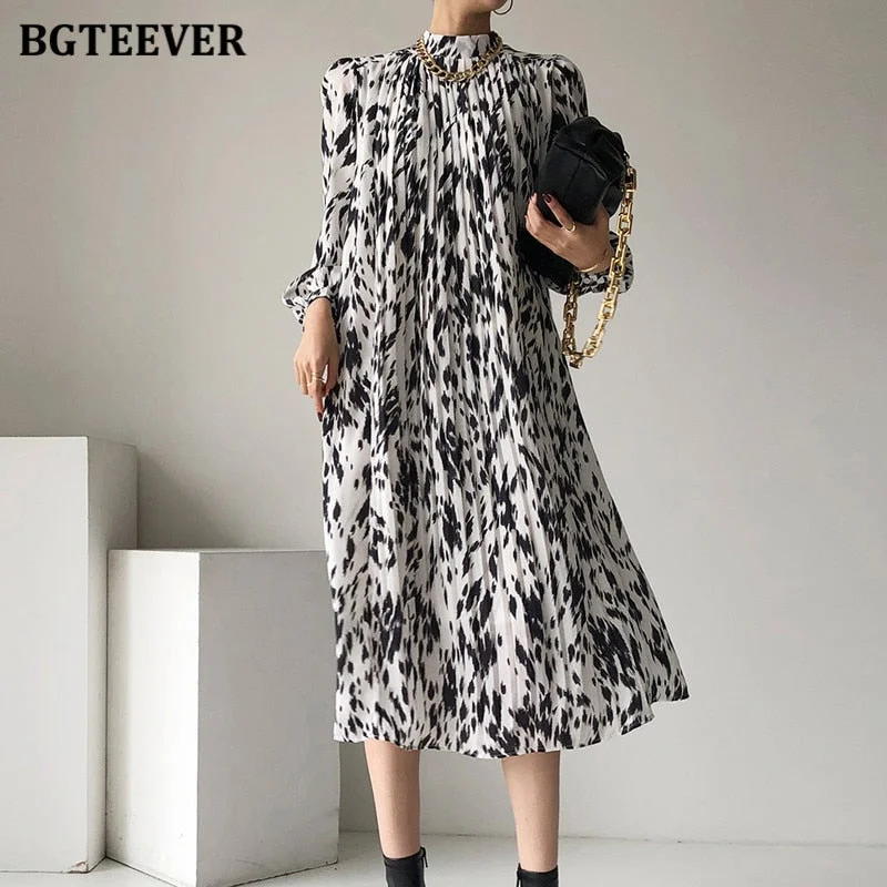 BGTEEVER 2021 Spring New Stand Collar Women Full Sleeve Dress Elegant Hit Color Female Lace-up Printed Midi Dress Vestidos