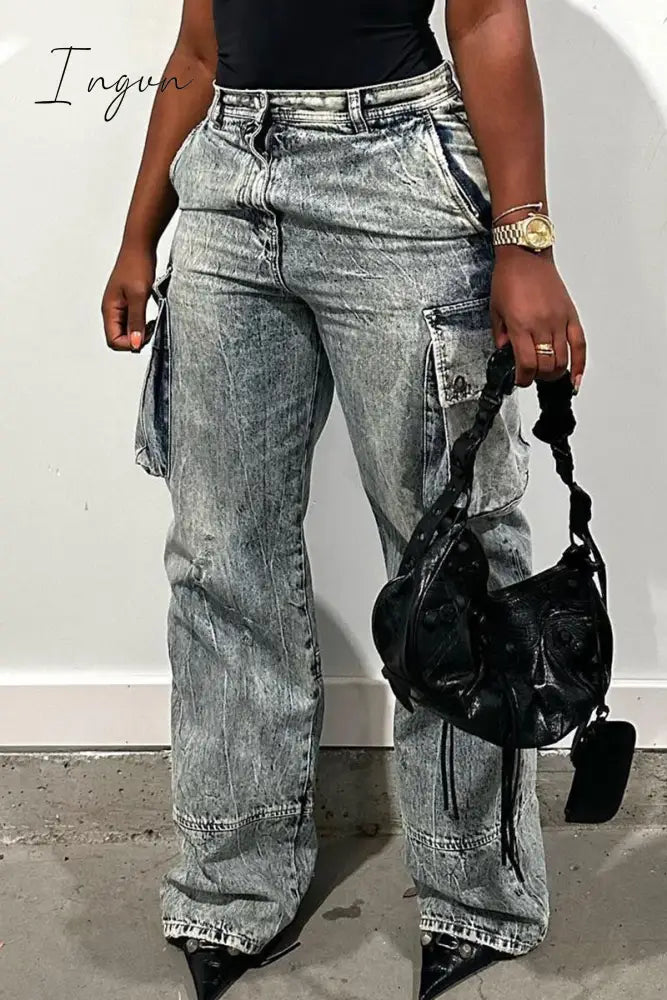 Ingvn - Casual Street Solid Make Old Patchwork Pocket Buttons Zipper Mid Waist Straight Denim Jeans