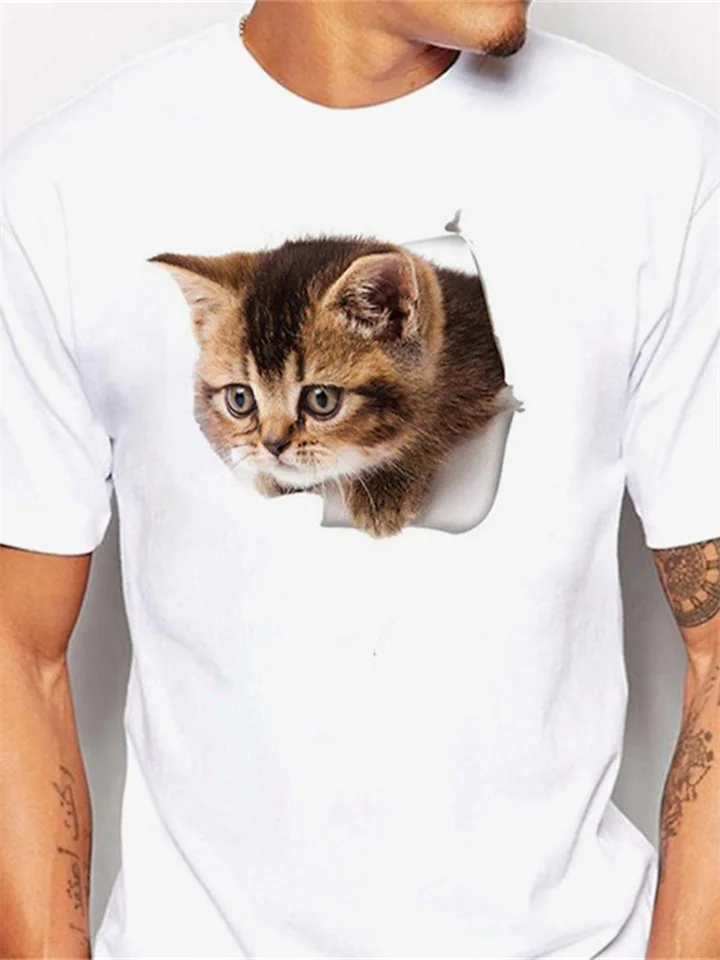 White Short-sleeved Men's Tops Cat Design Printed T-shirt | 168DEAL
