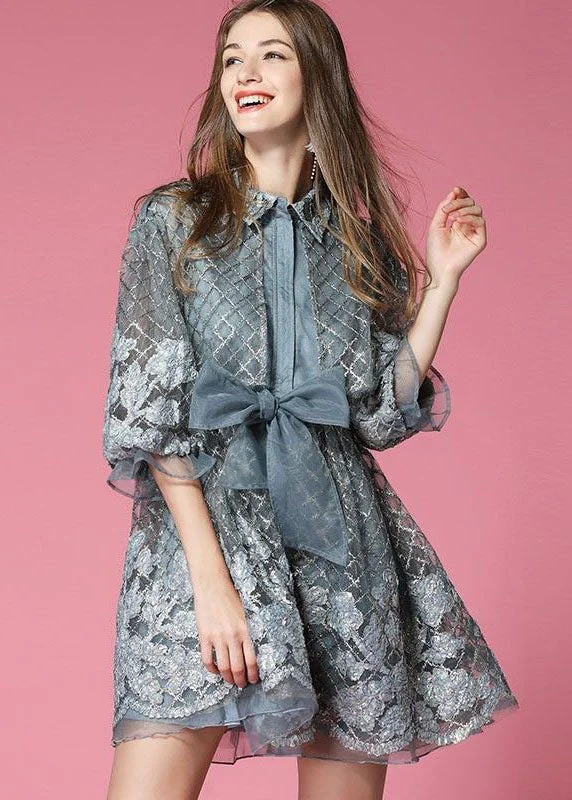 Grey Organza Vacation Dress Embroideried Hollow Out Spring