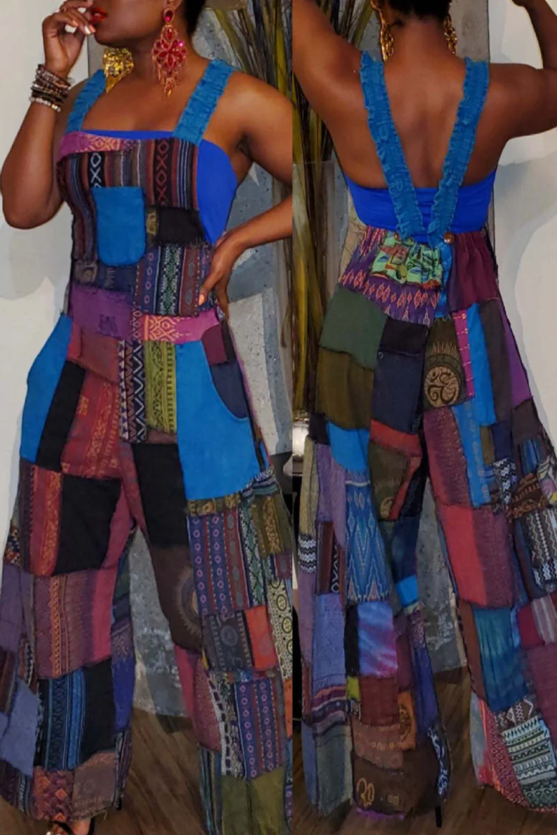 Fashion Casual Street Print Patchwork Spaghetti Strap Loose Jumpsuits