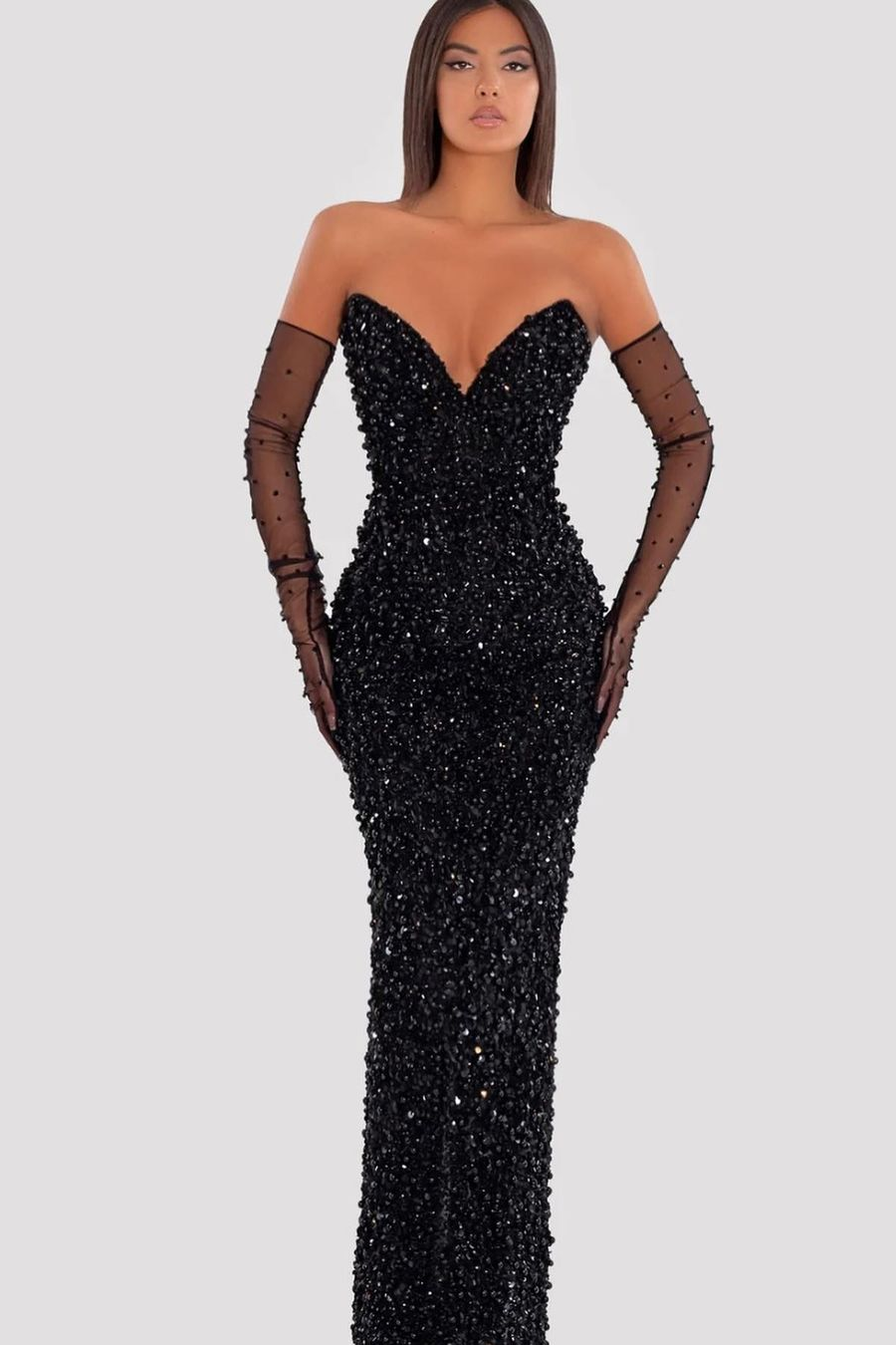 Daisda Black Sequins Sweetheart Mermaid Prom Gown Dress with Gloves