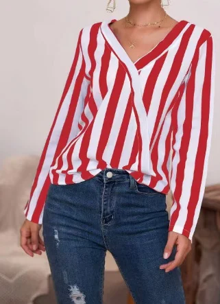 Casual Striped V-Neck Long-Sleeved Shirt