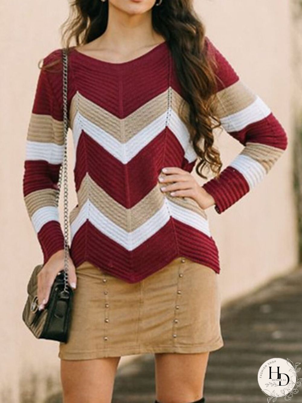 Contrast Color Long Sleeve V-neck Pullover Knit Sweater
