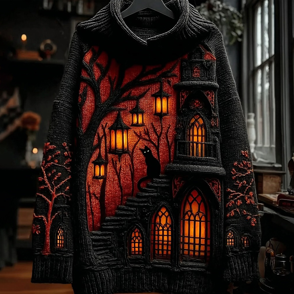 Halloween Black Cat And Floral Fortress Pattern Knitted Warm Hooded Sweater elevenforest