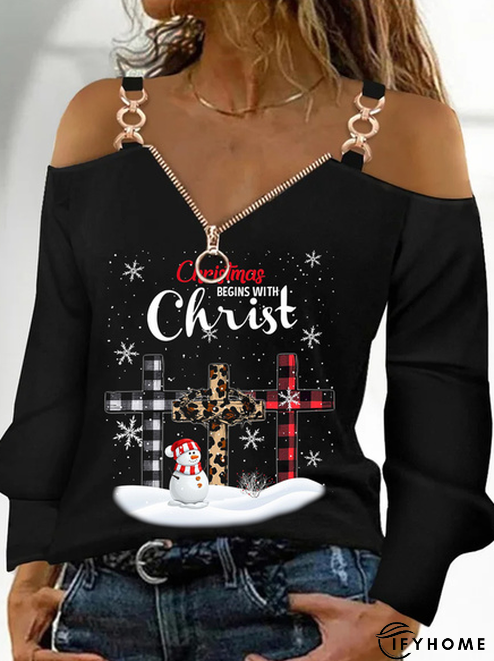 Christmas Long Sleeve V Neck Printed Top | IFYHOME