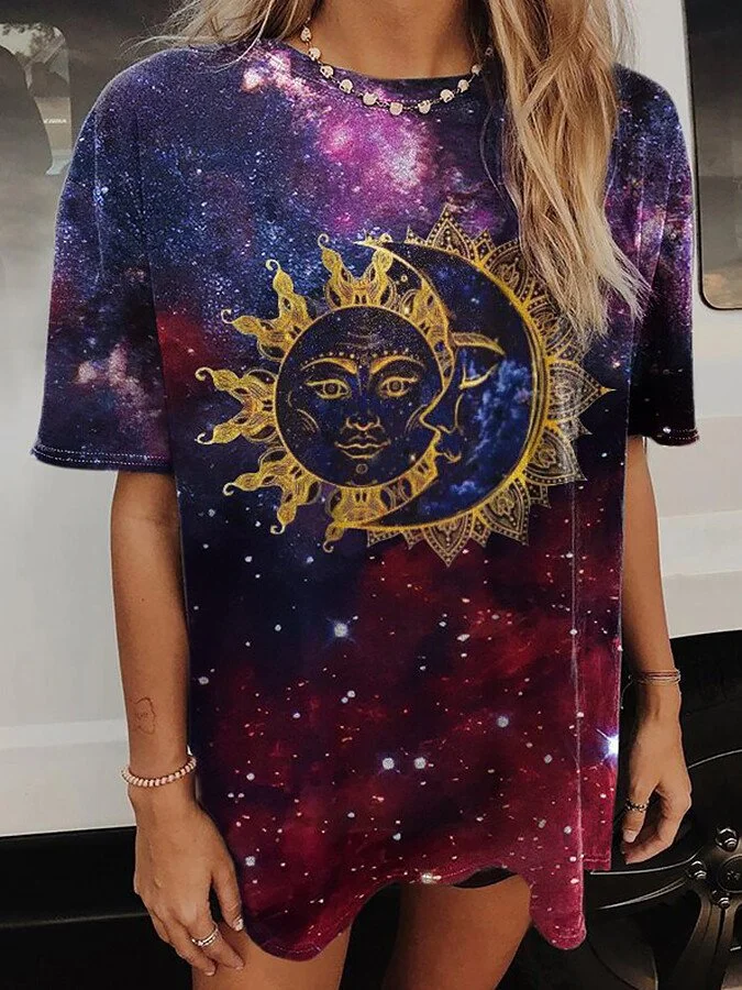 Women's Tie Dyed Sun And Moon Print T-shirt