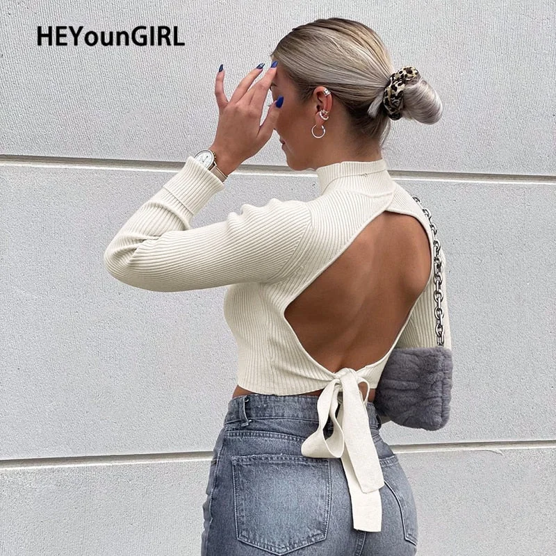 HEYounGIRL Lace Up Backless Knitted Cropped Sweater White Casual Elegant Long Sleeve Jumpers Women Chic Fashion Knitwear y2k
