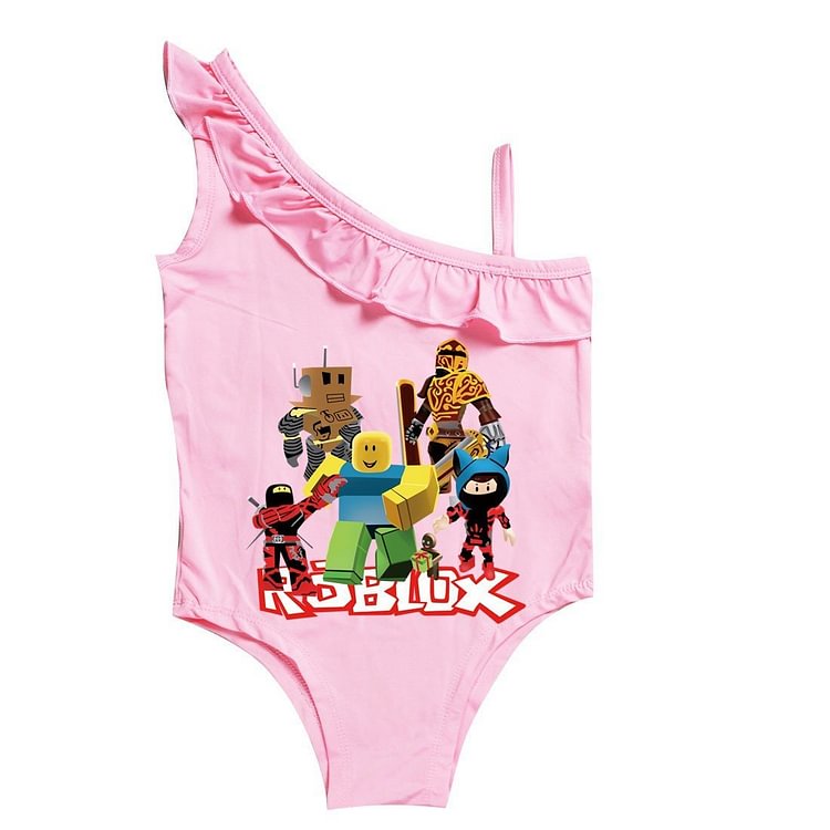 Mayoulove Girls Roblox Print Ruffle One Shoulder One Piece Swimwear Bathing Suit-Mayoulove