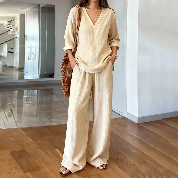 Women's Comfy Linen Blend Casual Long Sleeve V-neck Top And Pants Two-piece Set