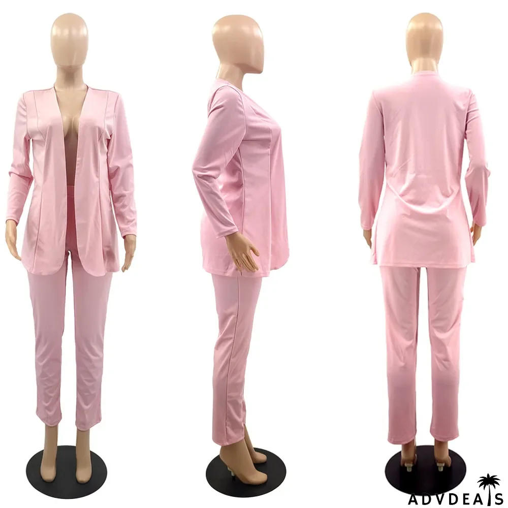 Solid Long Sleeve Coat And Pants 2 Piece Sets