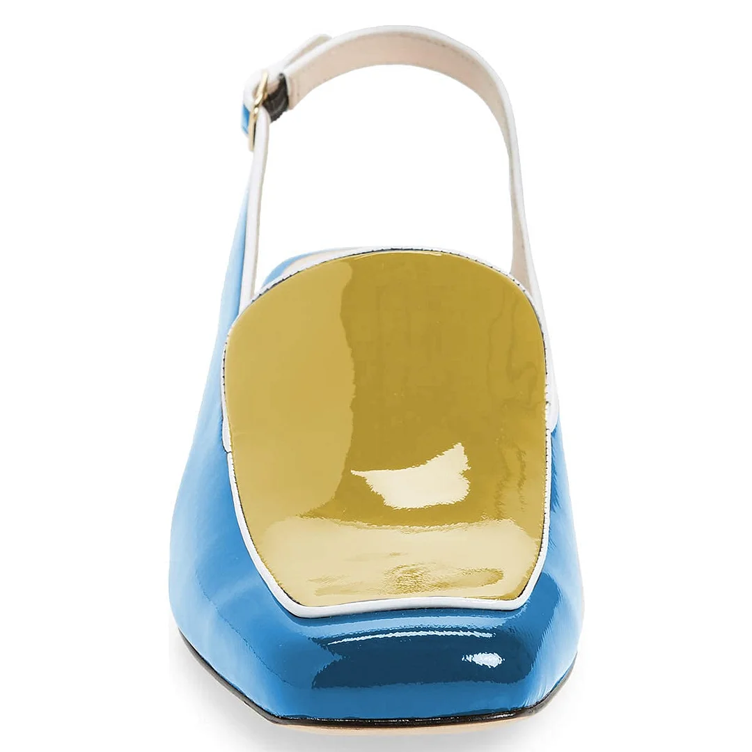 Blue & Yellow Patent Leather Buckle Slingback Women's Loafers