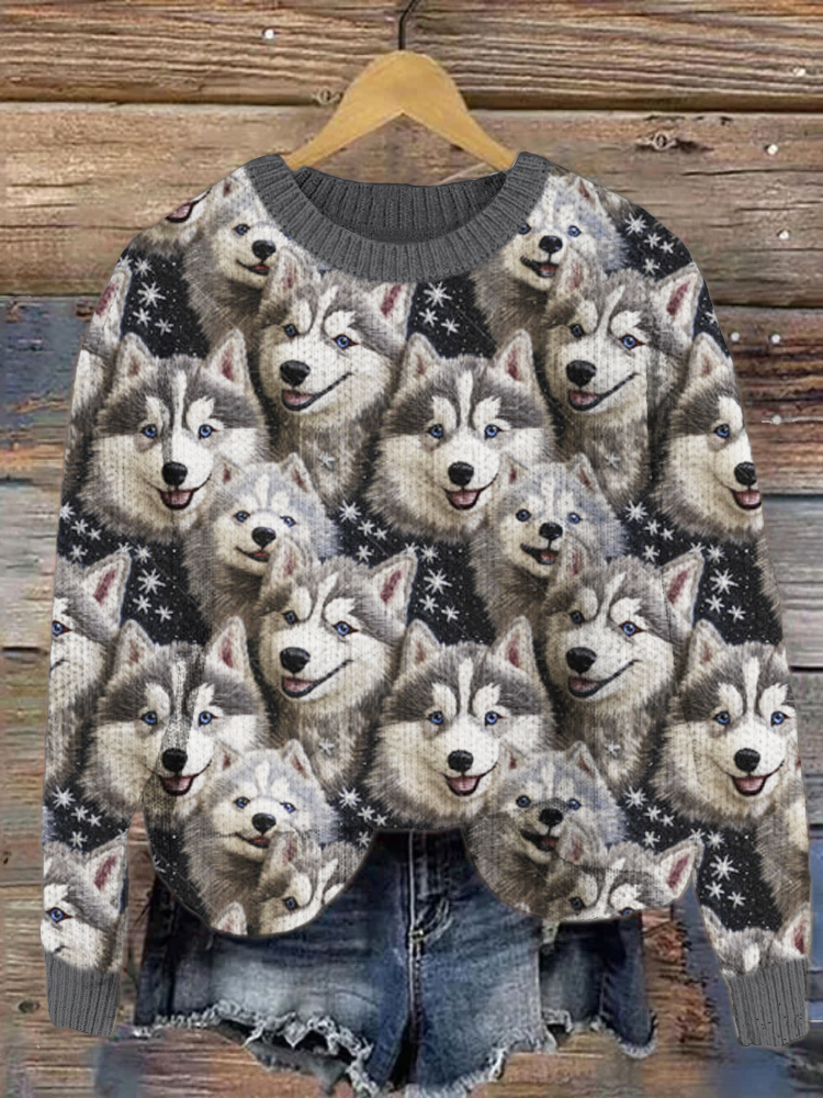 Comstylish Briana's Babies Snow Dogs Husky Pattern Women's Cozy Sweater