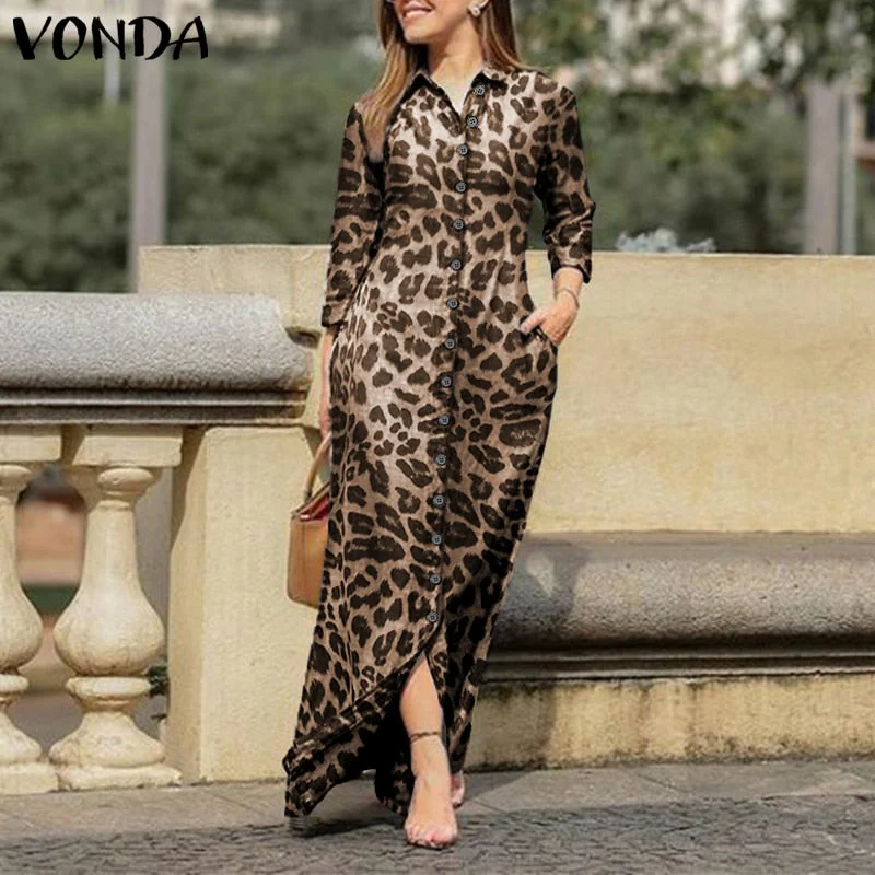 VONDA Women Long Sleeve Long Maxi Dress Summer Vintage Checked Plaid Turn Down Neck Shirt Dresses Button Up Party Vestidos Robe
