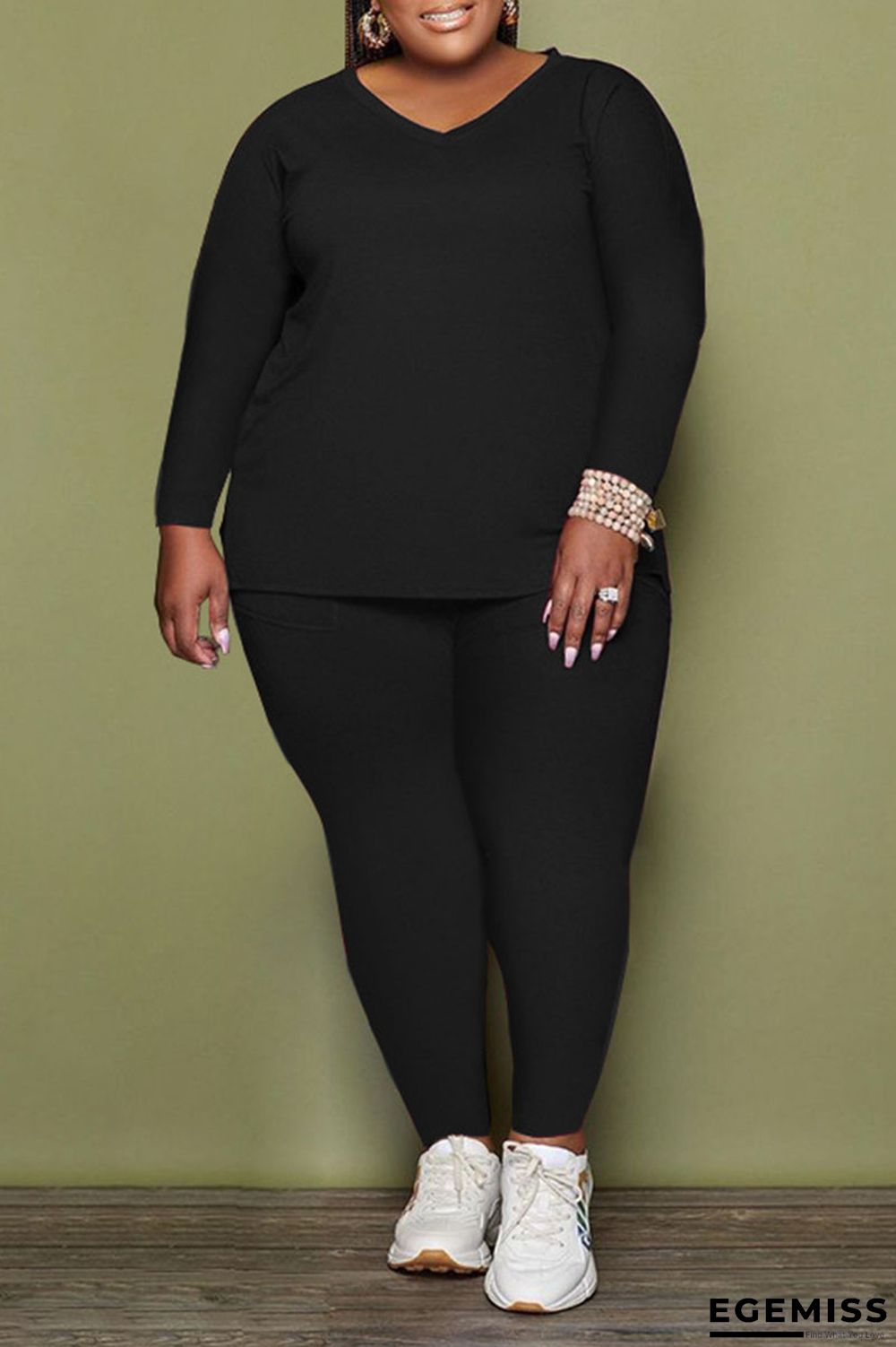 Black Casual Solid Patchwork V Neck Plus Size Two Pieces | EGEMISS