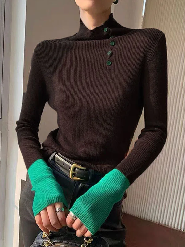 Split-Joint Contrast Color Skinny Long Sleeves High Neck Sweater Tops