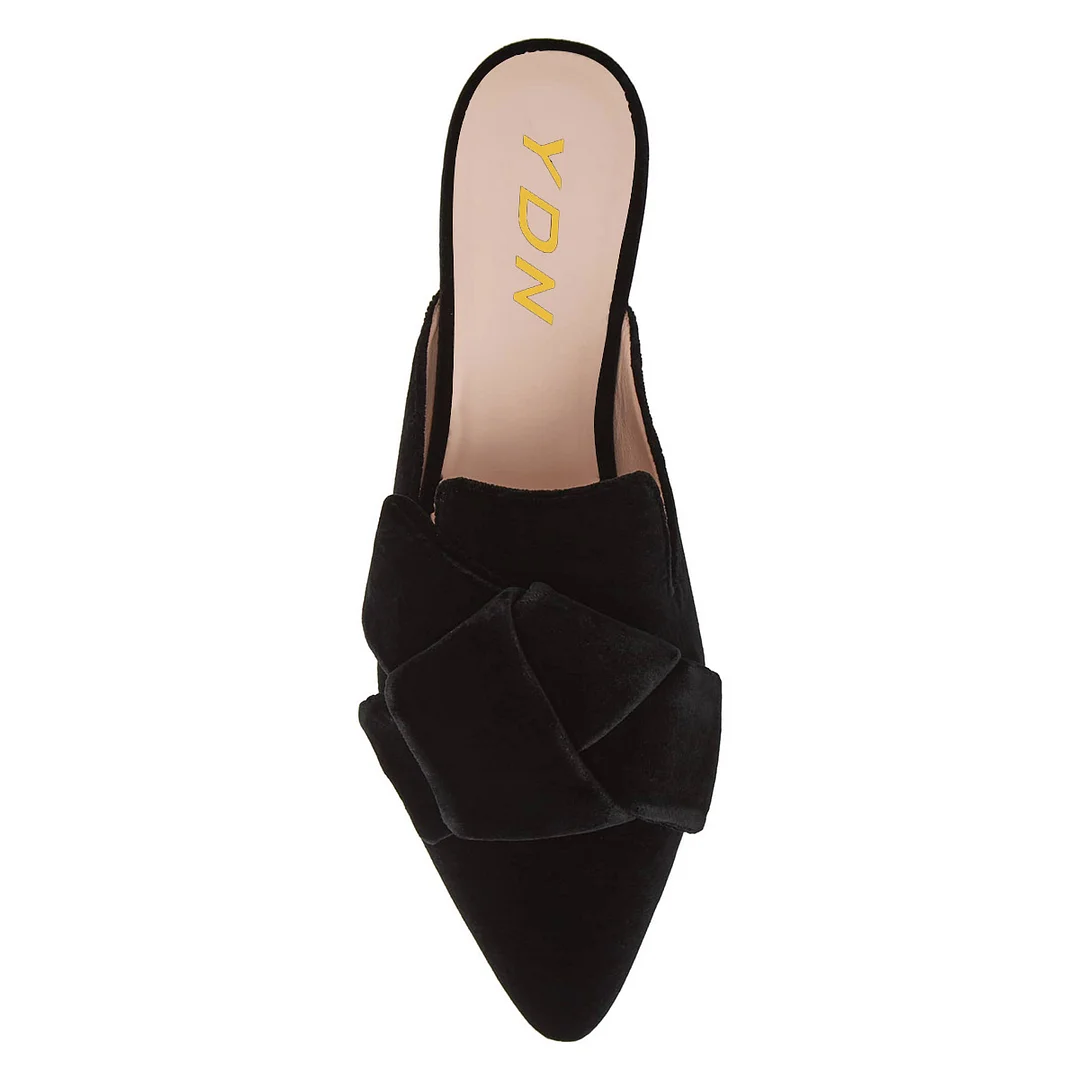 Women's Black Velvet Knot Accent Pointed Toe Flat Mules Shoes