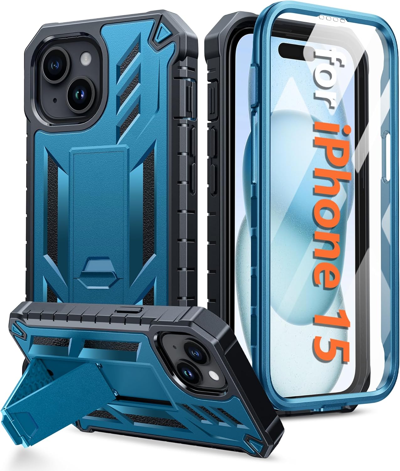 ProCaseMall iPhone 15 Phone Case Military Grade Shockproof Full Protection Hard Phonecase with Kickstand Blue