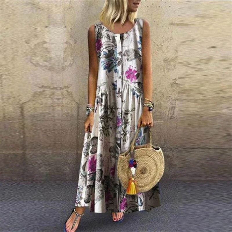ELSVIOS Plus Size Women Floral Print Sleeveless Button Maxi Dress Elegant Bohemian Summer Long Dress Ladies O-Neck Vintage dress