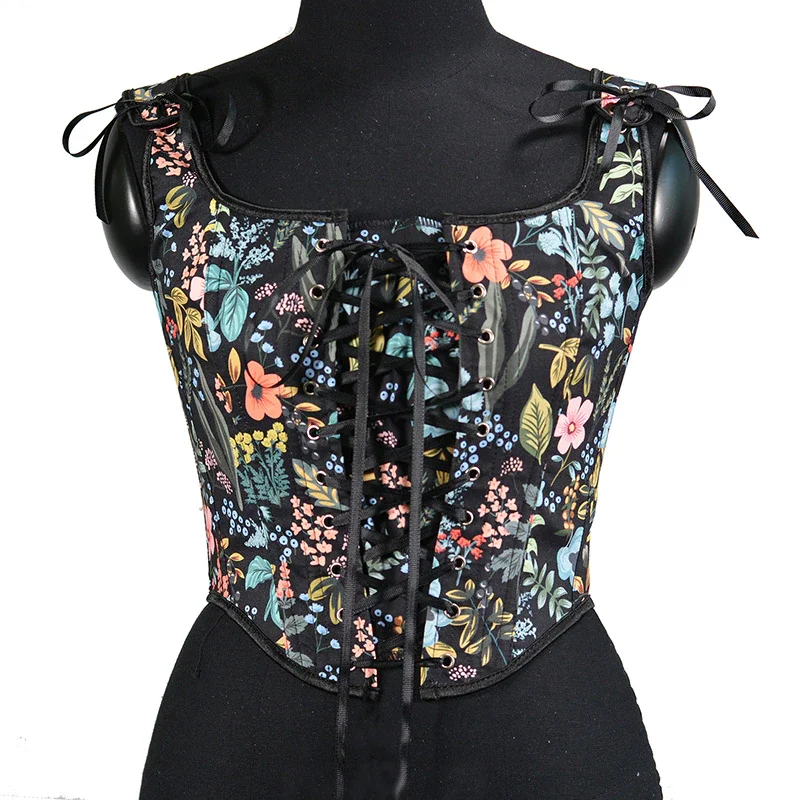 Billionm Floral Print Vintage Corset Women Lace Up Buister Crop Top Sleeveless Bandage Tank Top Sexy Chest Binder Camisole Mujer