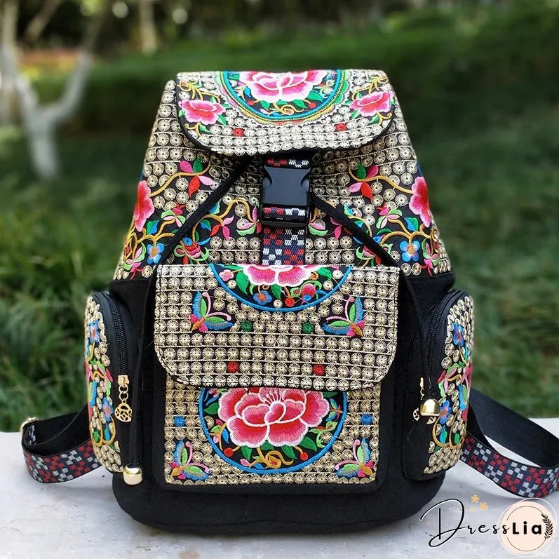 New Embroidery Bag Ethnic Style Bag Women's Large Capacity Canvas Backpack Travel Bag Fabric Art