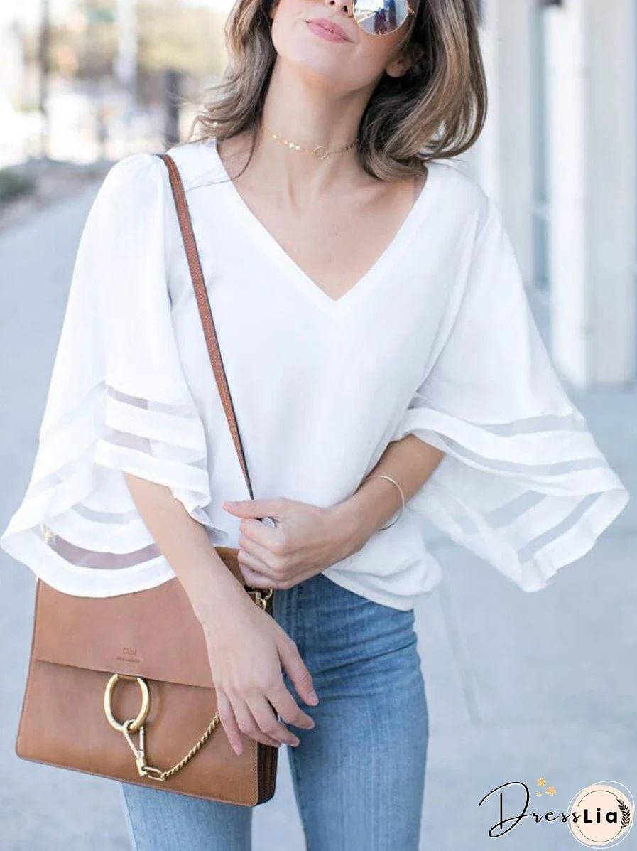 V-Neck Mesh Flare Sleeve Chiffon Loose Blouse