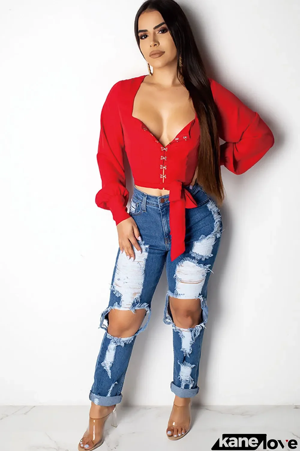 Red Polyester Asymmetrical Collar Long Sleeve Solid Patchwork Long Sleeve Tops
