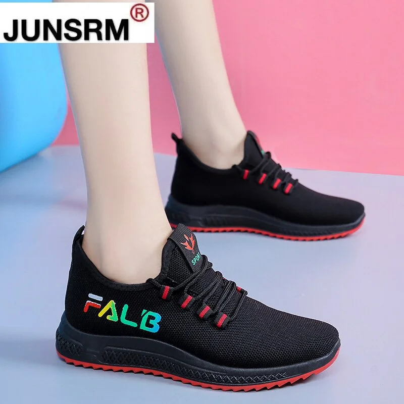 Fashion Womens Running Shoes Lightweight Breathable Slip-on Loafers Knitting Mesh Fabric Flats