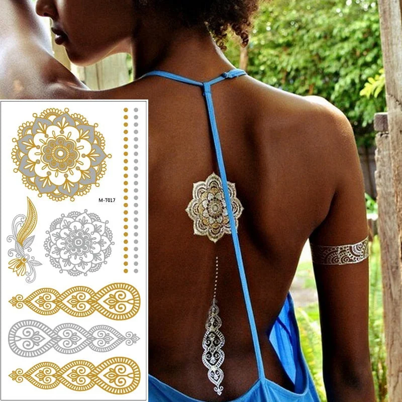 1sheet Indian Arabic body art women metallic temporary Mandala Flash Tattoos necklace sticker gold lace tatoo tatuagem maquiagem
