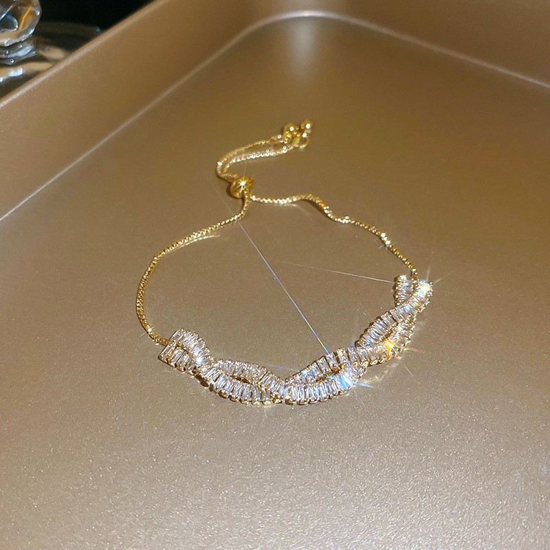 French-style cubic zirconia double-layer twisted adjustable bracelet simple stylish elegant and minimalist jewelry