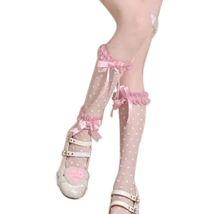 Polka Dot Sweet Ruffle Trim Ribbon Bowknot Sheer Knee High Socks SP18239