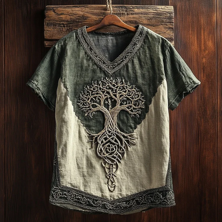 Men's Viking Celtic Knot Tree Of Life Art V-neck Linen Shirt