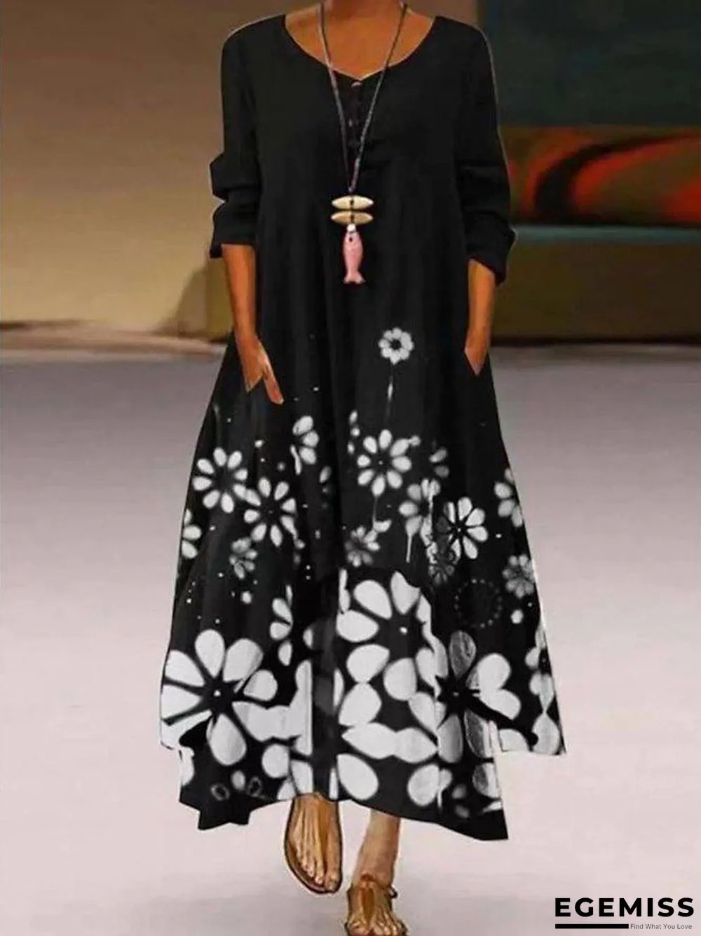 Floral Floral-Print Long Sleeve Statement Dresses Black Dresses | EGEMISS