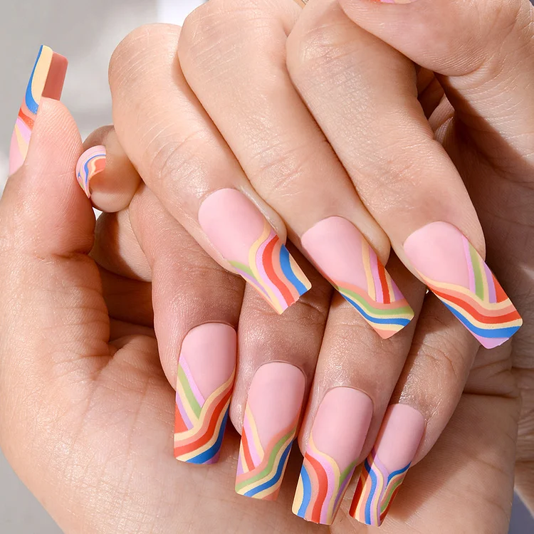 Fashion Pink Rainbow Striped False Nails