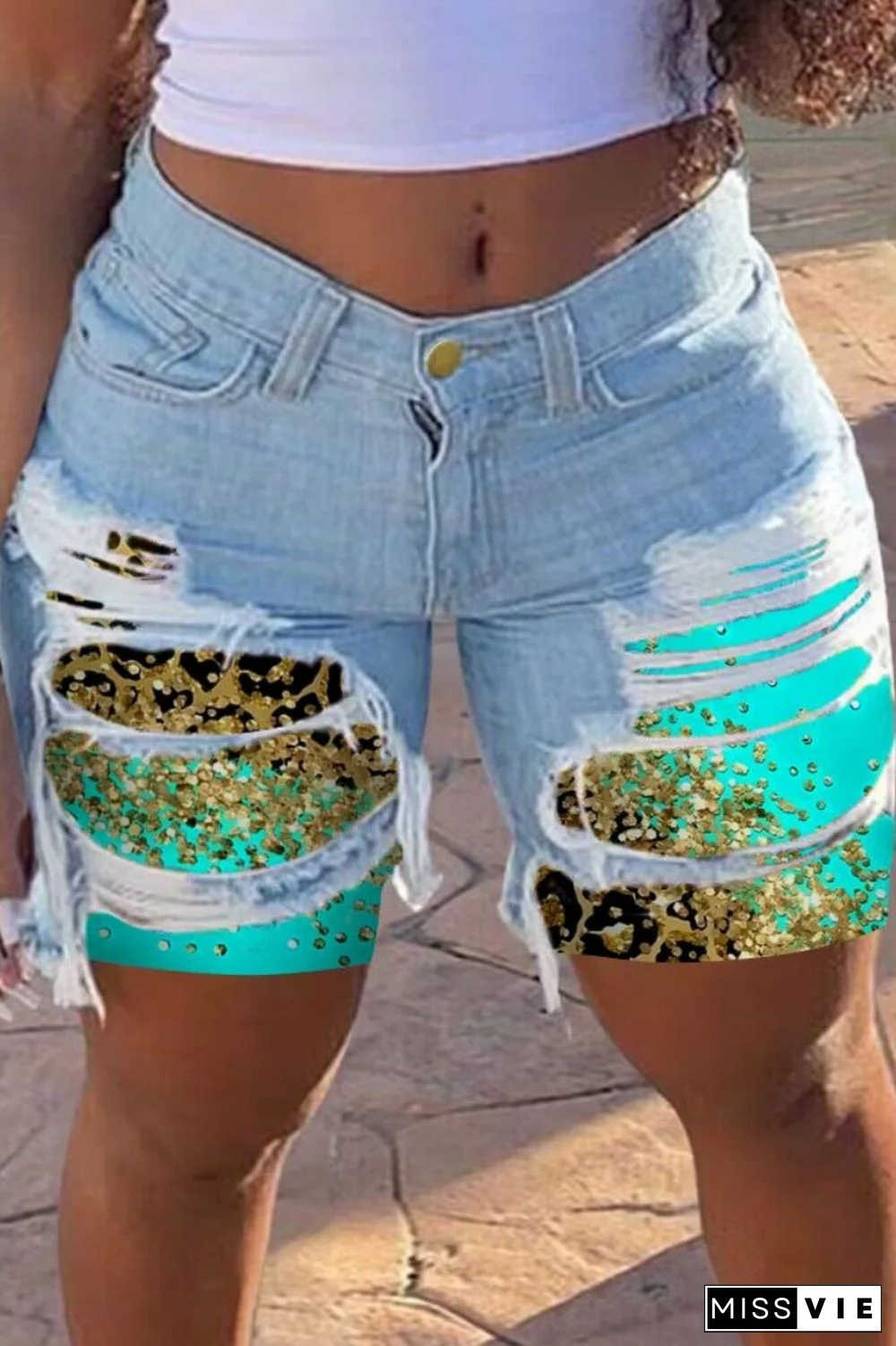 Casual Patchwork Ripped Mid Waist Skinny Denim Shorts