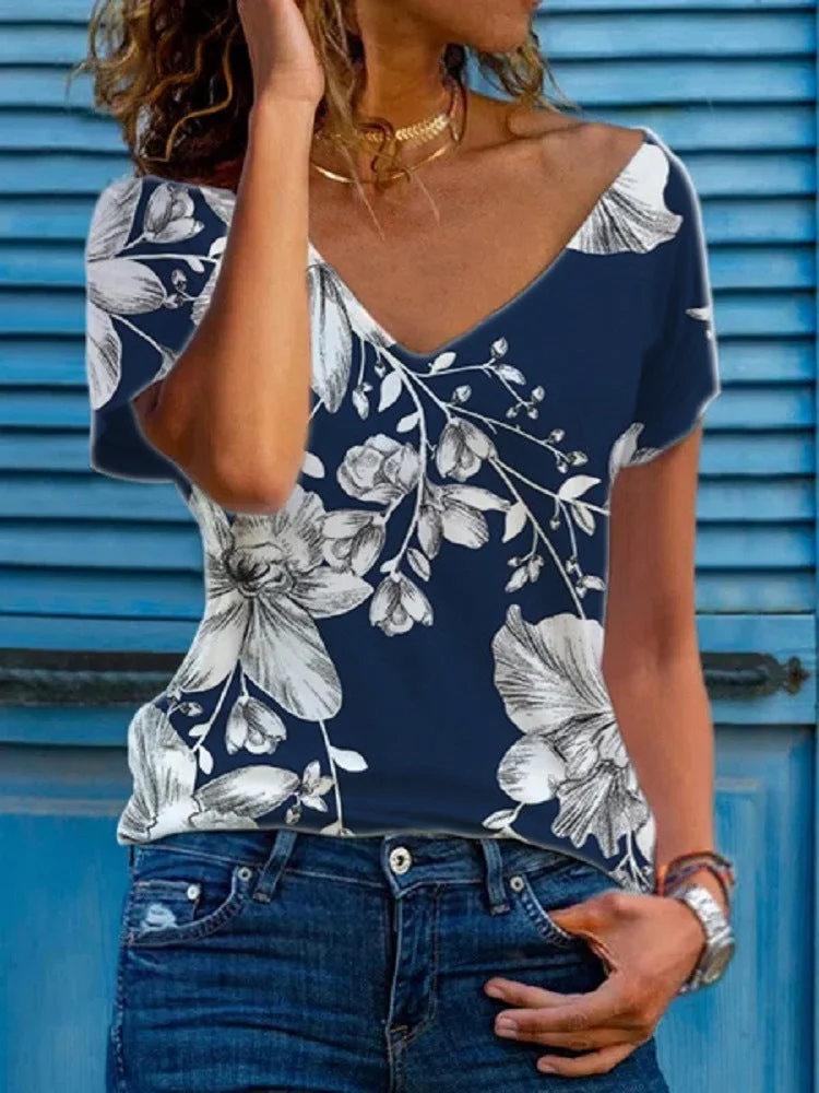 Women Short Sleeve V-neck Floral Printed Tops