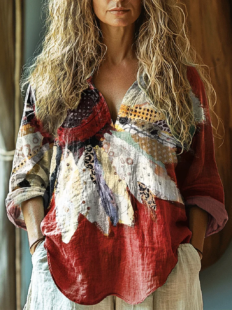 Women's Sunflower Print Casual Linen V-neck Shirt