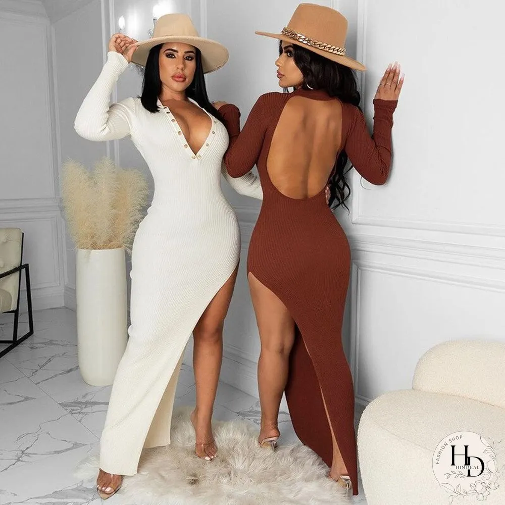 Womens New Autumn Fashion Buckle Lapel Backless Vintage Dress Long Sleeve Slit Woman