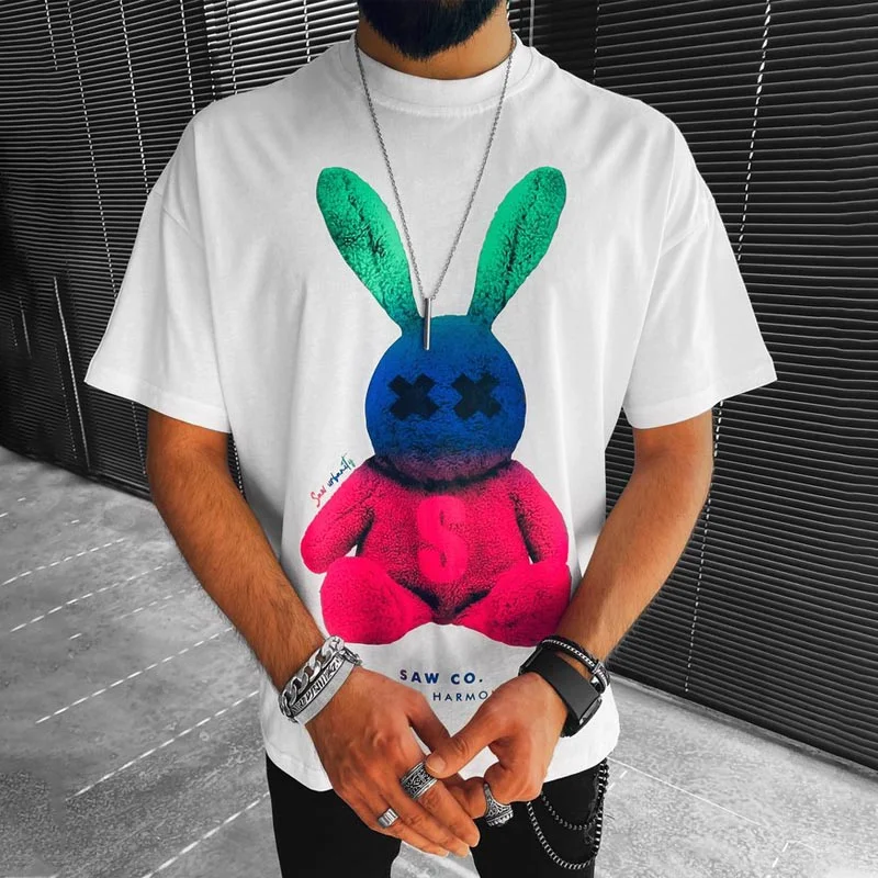 Colored Bunny Print Loose Short Sleeve T-Shirt、、URBENIE
