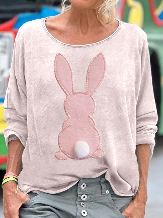 VChics Women's Pink Bunny Applique Embroidered Long Sleeve T-shirt