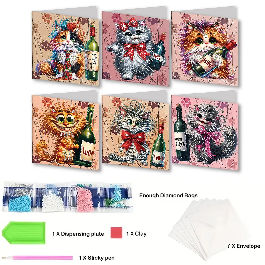 6Pcs Cute Cat DIY Diamond Painting Card for Friends Family Gift