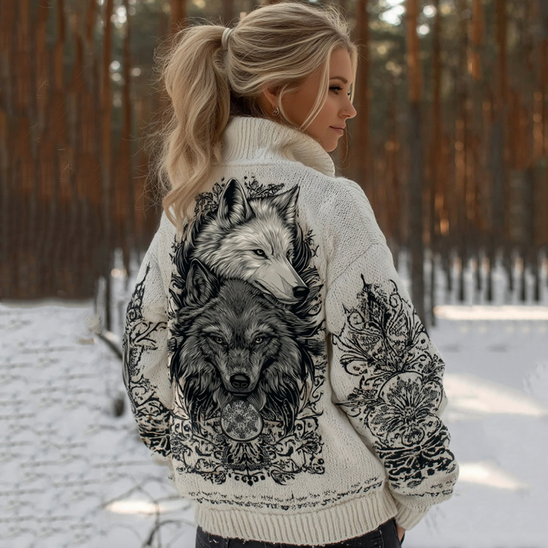 Women's Viking Vintage Wolf Art Knit Cozy Lapel Sweater elevenforest
