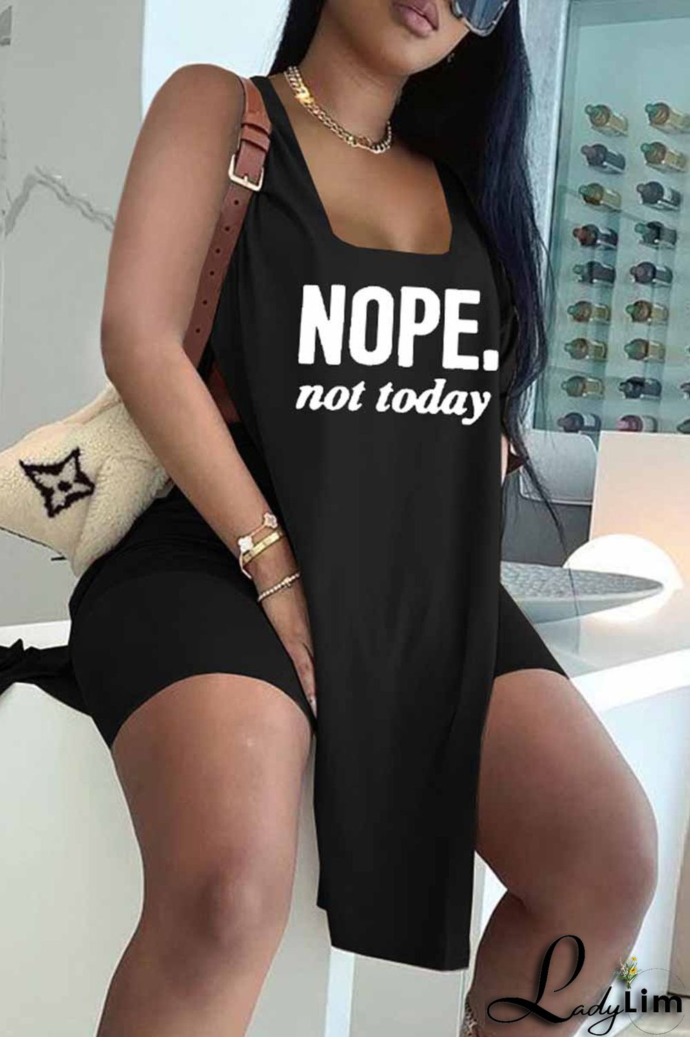 Red Fashion Casual Letter Print Slit U Neck Sleeveless Two Pieces